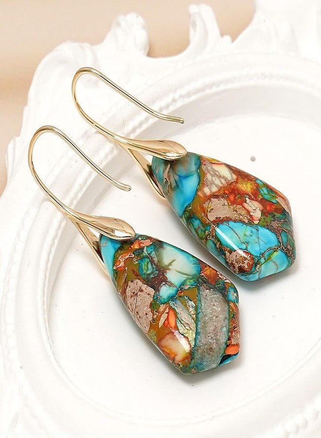 Wovanoo Natural Stone Earrings Multishape Dangle Drop Earrings Boho Stone Earring for Women Colorful Gold - Image 5